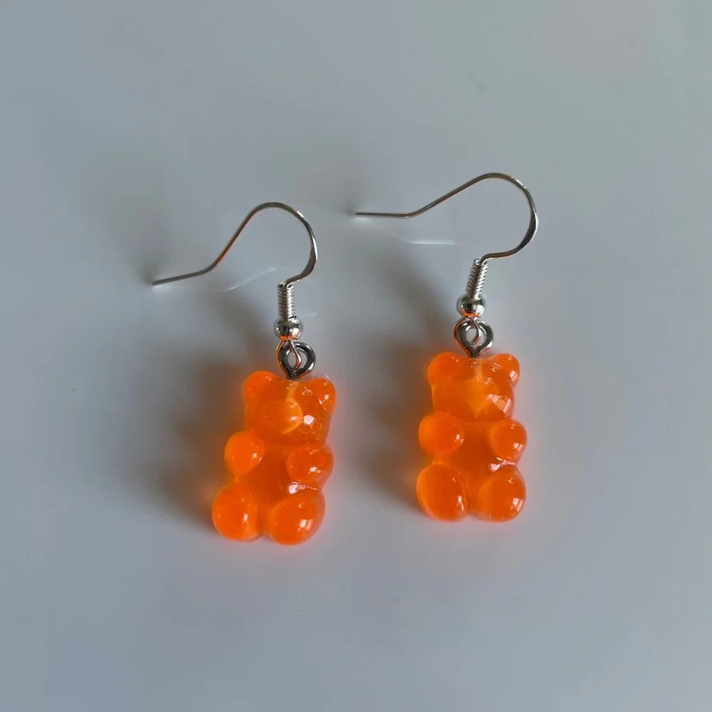 New Handmade Transparent Orange Sterling Silver Resin Gummy Bear Earrings